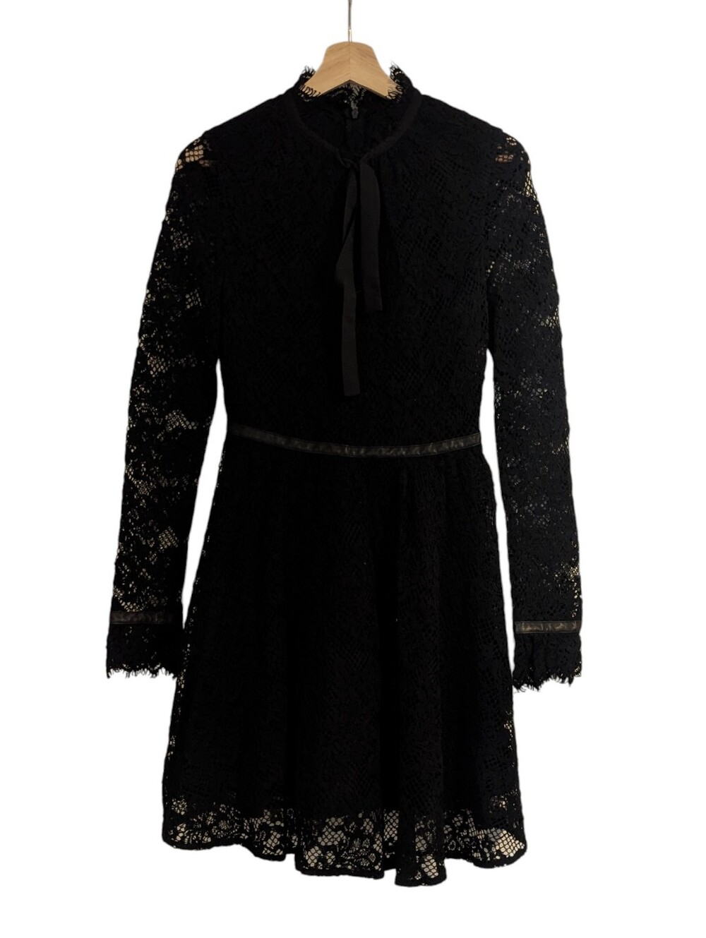 Womens Black Lace Tie-Neck Long Sleeve Dress, 6